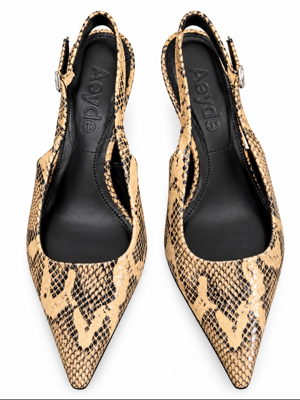 NEW Aeyde Tan and Black Snake-Print Pointed Slingbacks